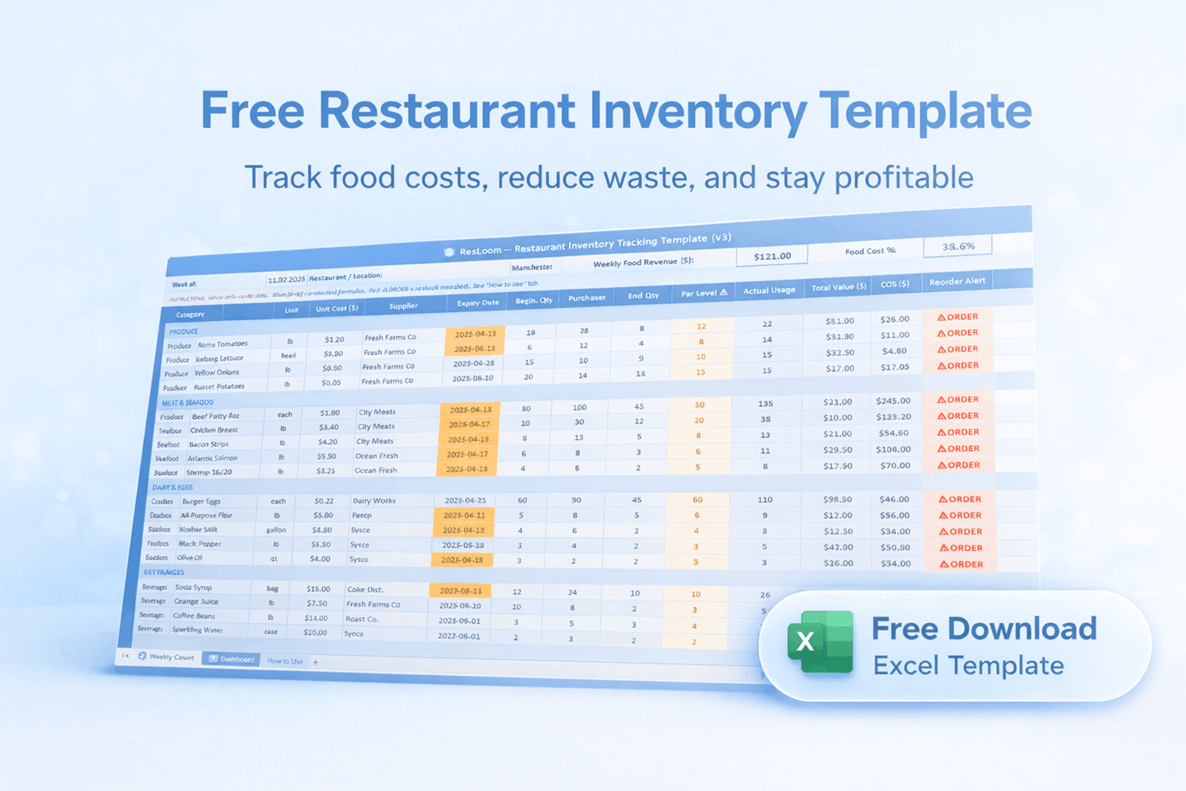 ResLoom restaurant inventory Excel template — Weekly Count tab with COGS formulas, expiry alerts, and reorder flags
